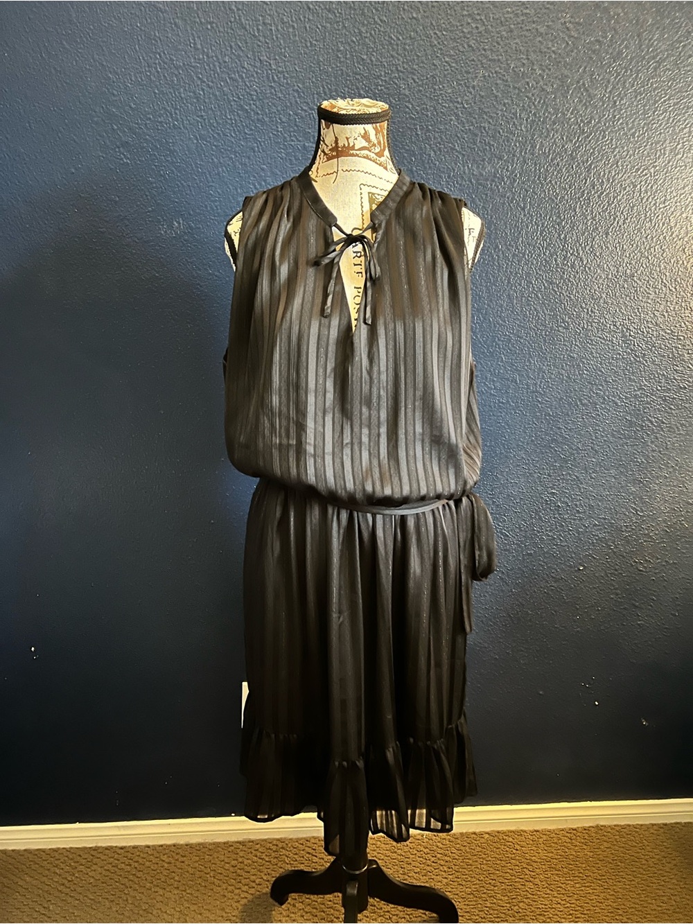 White House Black Market Black Striped Tie Neck Tiered Midi Dress NWT Size L